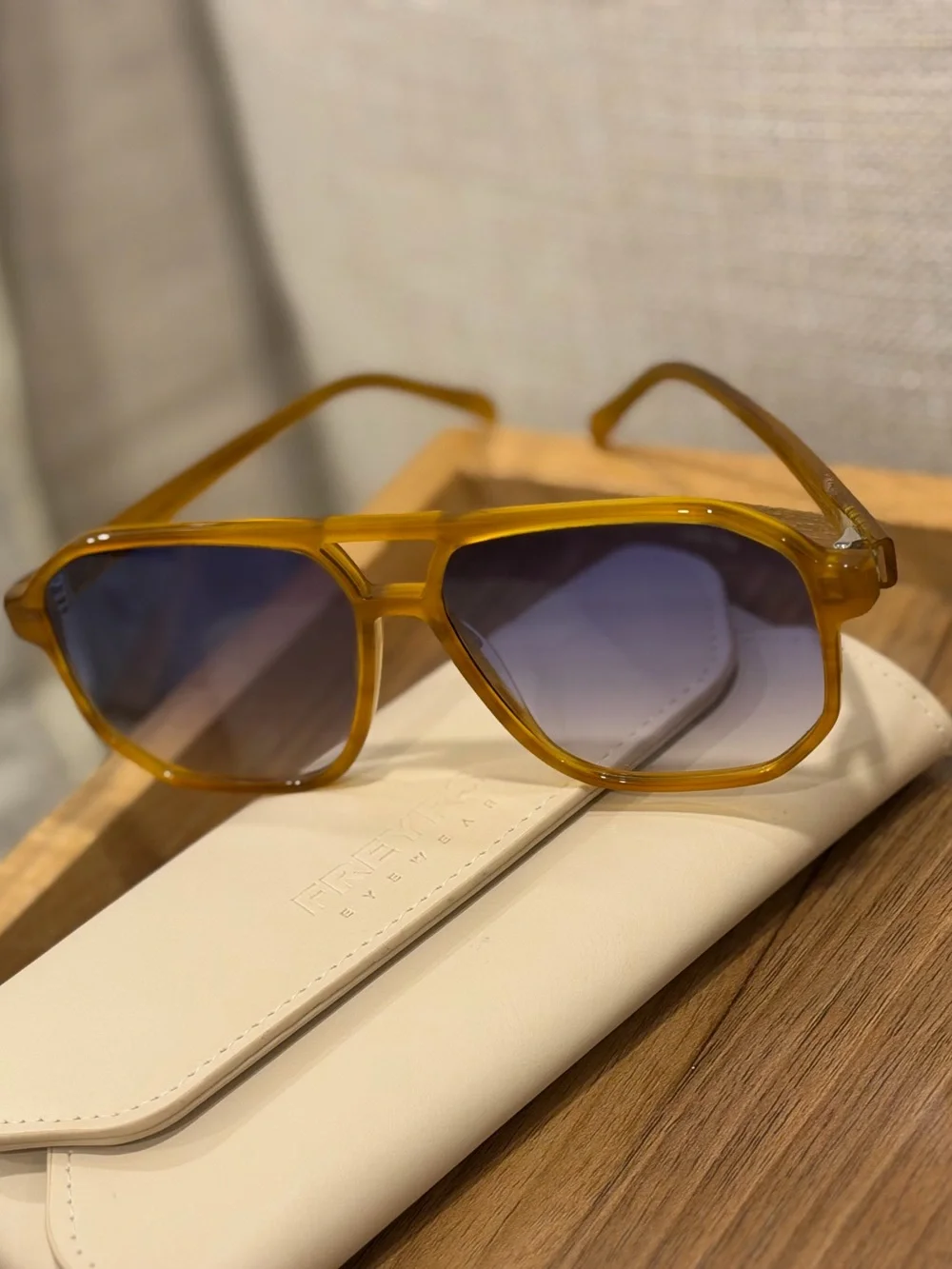 Freyrs Billie Amber Frame Sunglasses with Blue Gradient Lenses + Case
